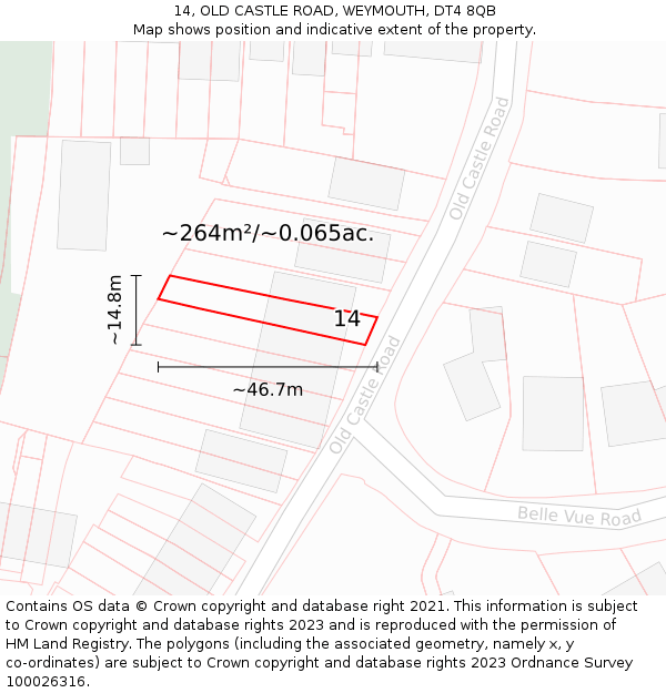 14, OLD CASTLE ROAD, WEYMOUTH, DT4 8QB: Plot and title map