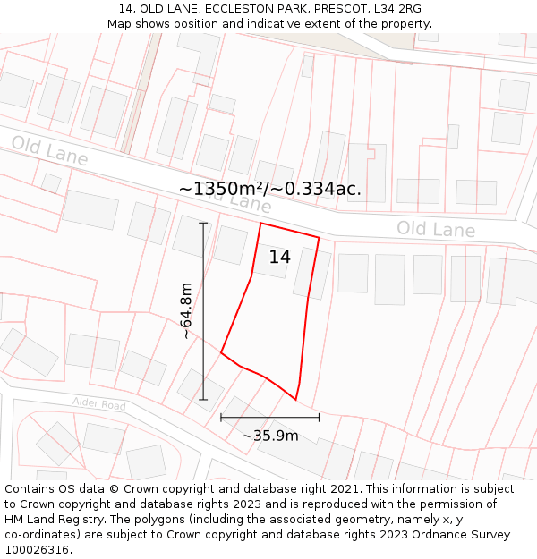 14, OLD LANE, ECCLESTON PARK, PRESCOT, L34 2RG: Plot and title map