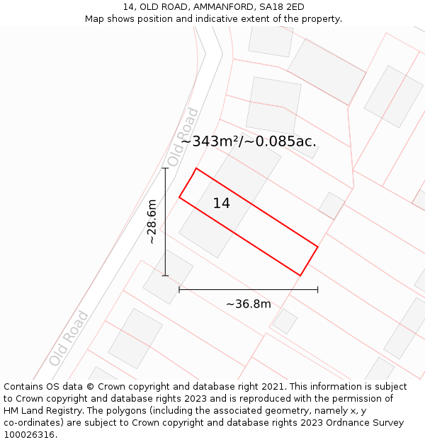 14, OLD ROAD, AMMANFORD, SA18 2ED: Plot and title map