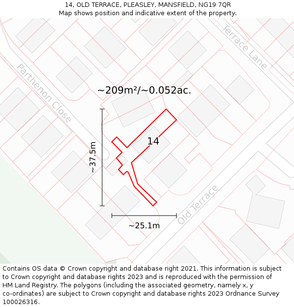 14, OLD TERRACE, PLEASLEY, MANSFIELD, NG19 7QR: Plot and title map