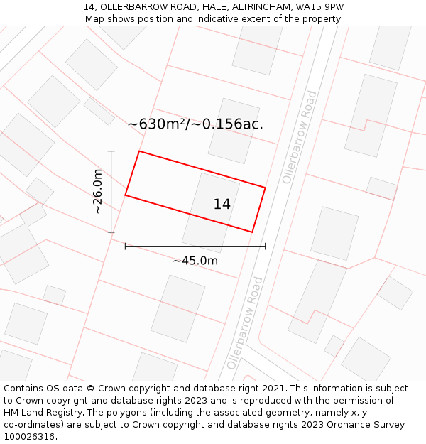 14, OLLERBARROW ROAD, HALE, ALTRINCHAM, WA15 9PW: Plot and title map
