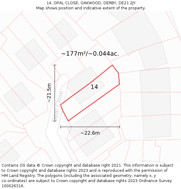 14, OPAL CLOSE, OAKWOOD, DERBY, DE21 2JY: Plot and title map