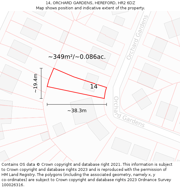 14, ORCHARD GARDENS, HEREFORD, HR2 6DZ: Plot and title map