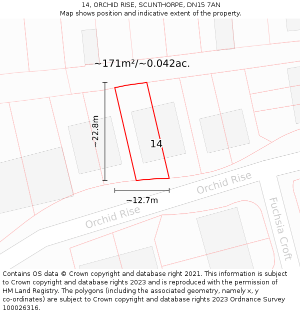 14, ORCHID RISE, SCUNTHORPE, DN15 7AN: Plot and title map