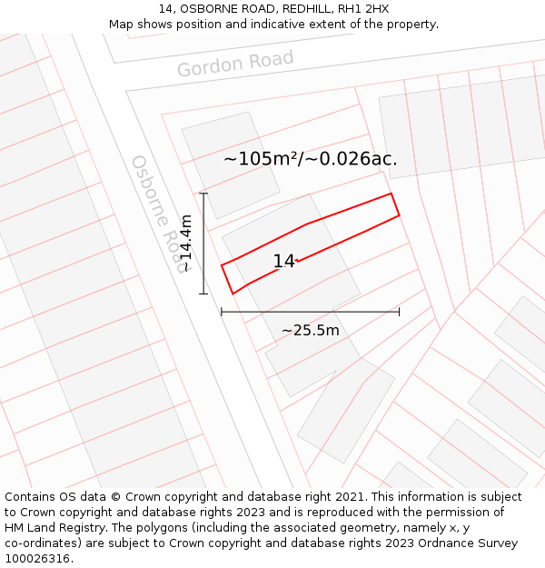 14, OSBORNE ROAD, REDHILL, RH1 2HX: Plot and title map