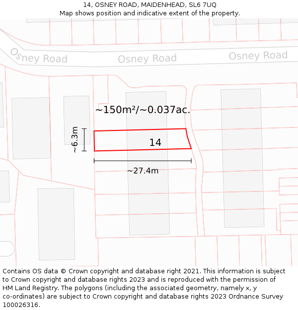 14, OSNEY ROAD, MAIDENHEAD, SL6 7UQ: Plot and title map