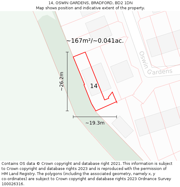 14, OSWIN GARDENS, BRADFORD, BD2 1DN: Plot and title map