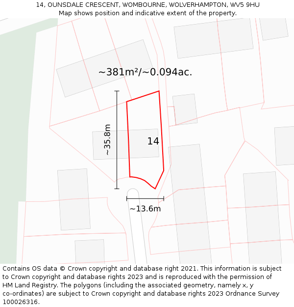 14, OUNSDALE CRESCENT, WOMBOURNE, WOLVERHAMPTON, WV5 9HU: Plot and title map