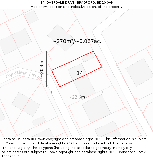 14, OVERDALE DRIVE, BRADFORD, BD10 0AN: Plot and title map