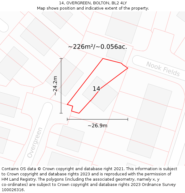 14, OVERGREEN, BOLTON, BL2 4LY: Plot and title map