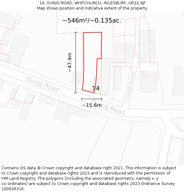 14, OVING ROAD, WHITCHURCH, AYLESBURY, HP22 4JF: Plot and title map
