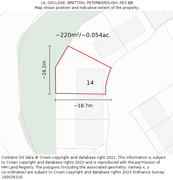 14, OXCLOSE, BRETTON, PETERBOROUGH, PE3 8JR: Plot and title map