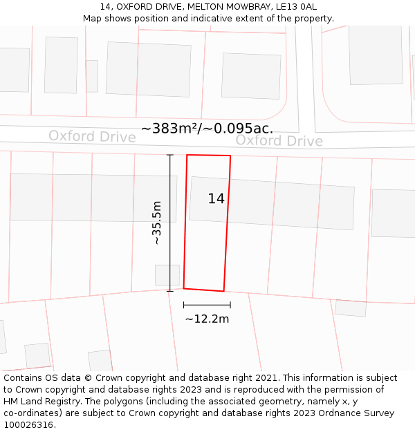 14, OXFORD DRIVE, MELTON MOWBRAY, LE13 0AL: Plot and title map