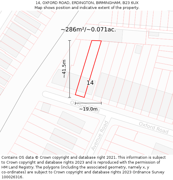 14, OXFORD ROAD, ERDINGTON, BIRMINGHAM, B23 6UX: Plot and title map
