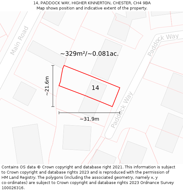 14, PADDOCK WAY, HIGHER KINNERTON, CHESTER, CH4 9BA: Plot and title map