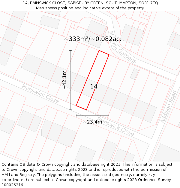 14, PAINSWICK CLOSE, SARISBURY GREEN, SOUTHAMPTON, SO31 7EQ: Plot and title map