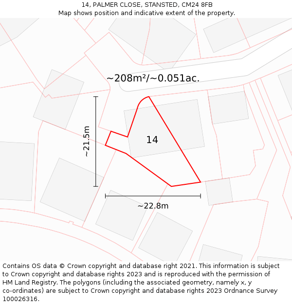 14, PALMER CLOSE, STANSTED, CM24 8FB: Plot and title map
