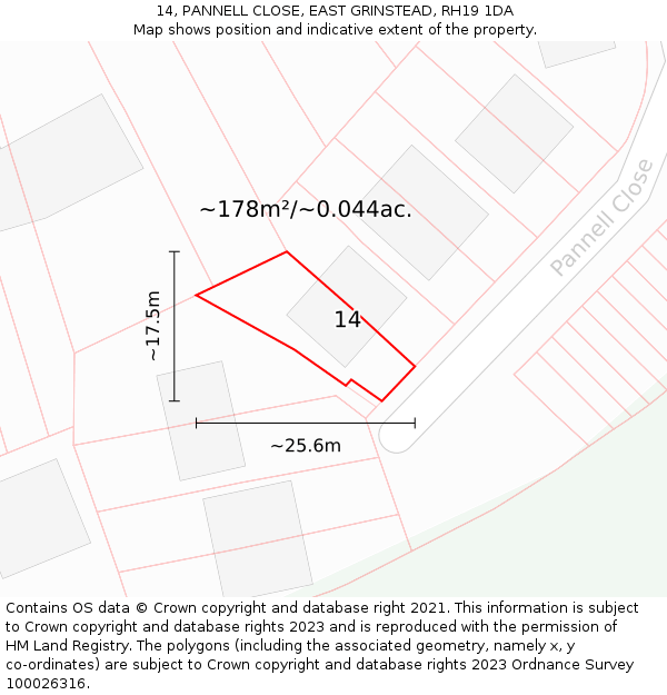 14, PANNELL CLOSE, EAST GRINSTEAD, RH19 1DA: Plot and title map