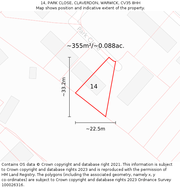 14, PARK CLOSE, CLAVERDON, WARWICK, CV35 8HH: Plot and title map