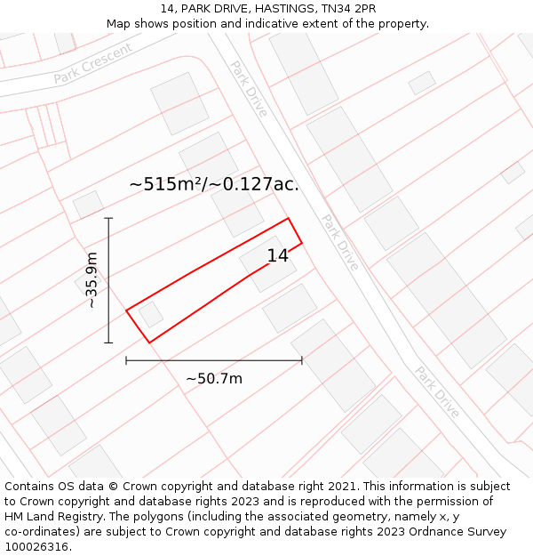 14, PARK DRIVE, HASTINGS, TN34 2PR: Plot and title map