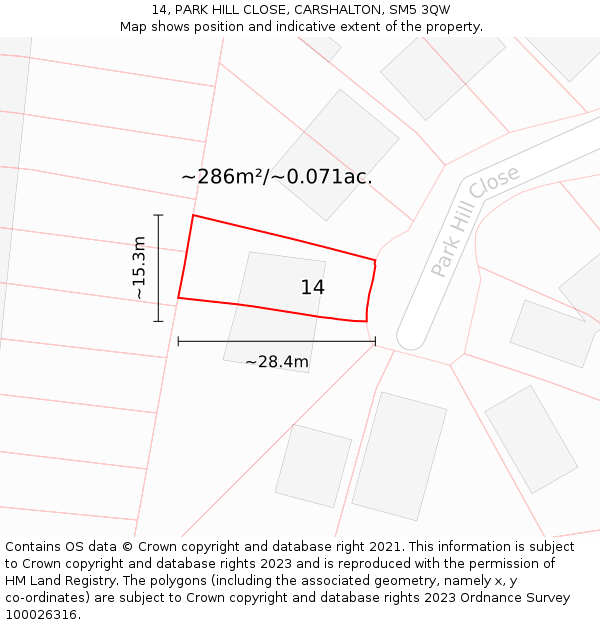 14, PARK HILL CLOSE, CARSHALTON, SM5 3QW: Plot and title map