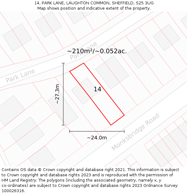 14, PARK LANE, LAUGHTON COMMON, SHEFFIELD, S25 3UG: Plot and title map