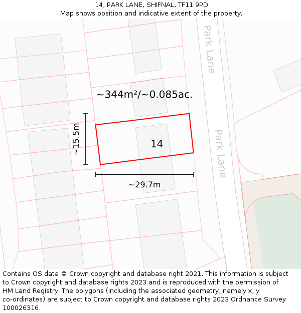 14, PARK LANE, SHIFNAL, TF11 9PD: Plot and title map