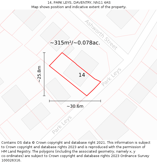 14, PARK LEYS, DAVENTRY, NN11 4AS: Plot and title map