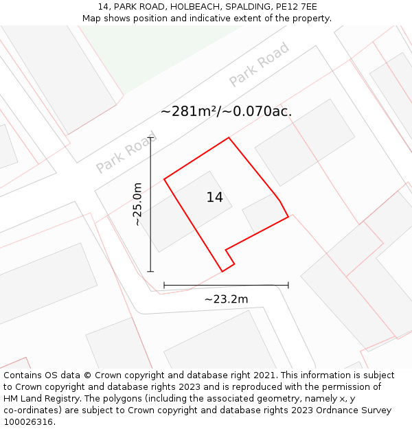 14, PARK ROAD, HOLBEACH, SPALDING, PE12 7EE: Plot and title map