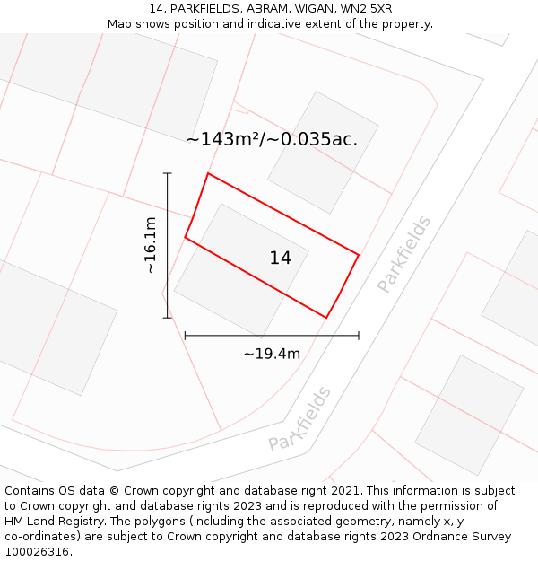 14, PARKFIELDS, ABRAM, WIGAN, WN2 5XR: Plot and title map
