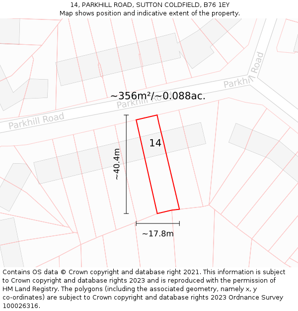 14, PARKHILL ROAD, SUTTON COLDFIELD, B76 1EY: Plot and title map
