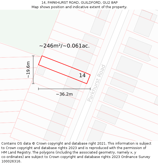 14, PARKHURST ROAD, GUILDFORD, GU2 8AP: Plot and title map