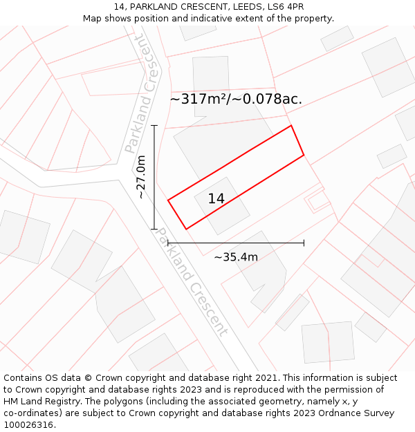 14, PARKLAND CRESCENT, LEEDS, LS6 4PR: Plot and title map