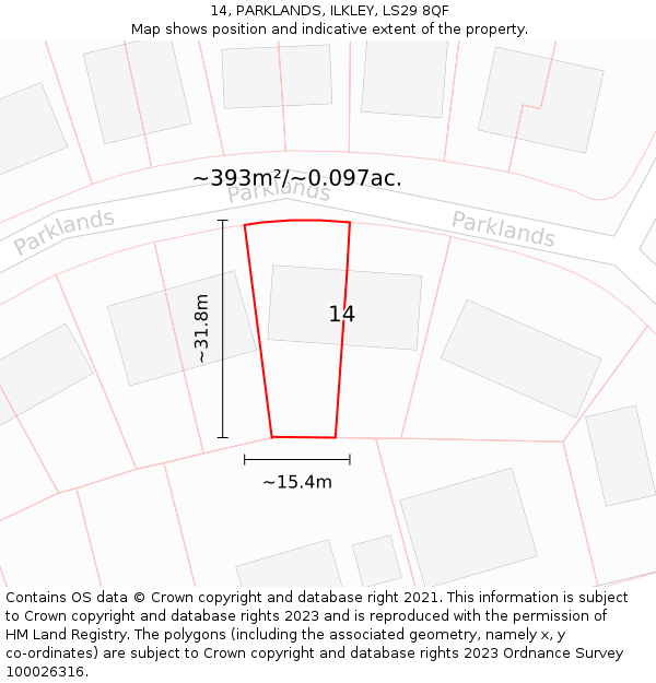 14, PARKLANDS, ILKLEY, LS29 8QF: Plot and title map