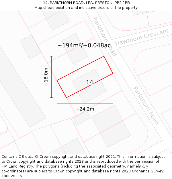 14, PARKTHORN ROAD, LEA, PRESTON, PR2 1RB: Plot and title map