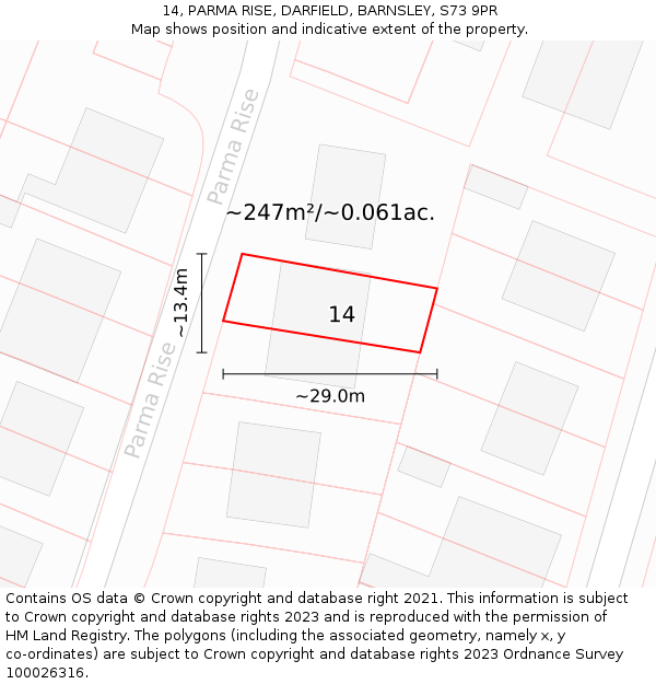 14, PARMA RISE, DARFIELD, BARNSLEY, S73 9PR: Plot and title map