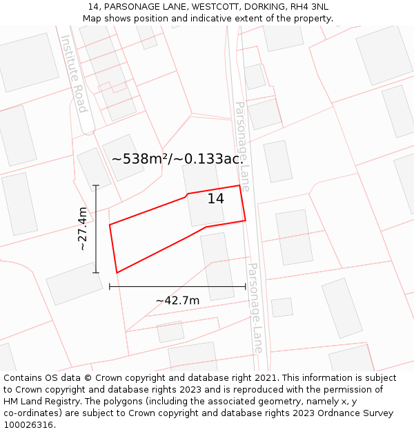 14, PARSONAGE LANE, WESTCOTT, DORKING, RH4 3NL: Plot and title map