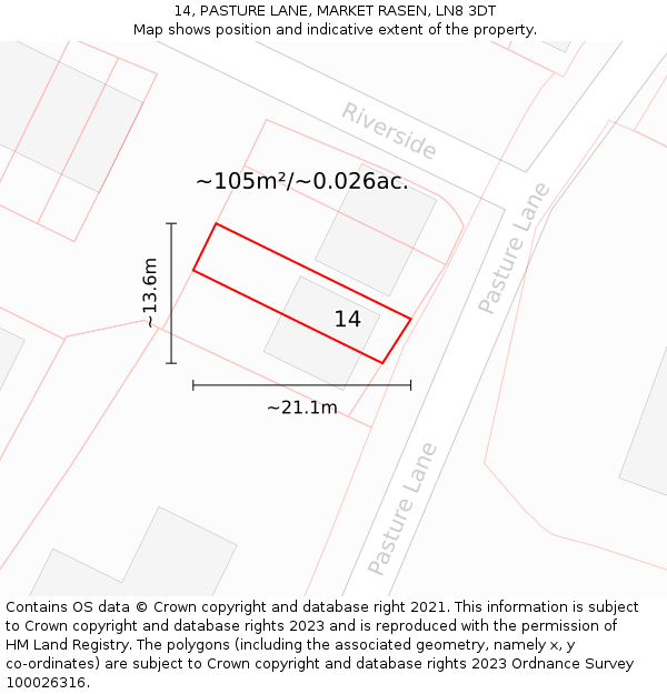 14, PASTURE LANE, MARKET RASEN, LN8 3DT: Plot and title map