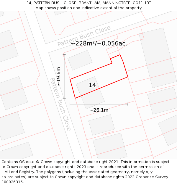 14, PATTERN BUSH CLOSE, BRANTHAM, MANNINGTREE, CO11 1RT: Plot and title map