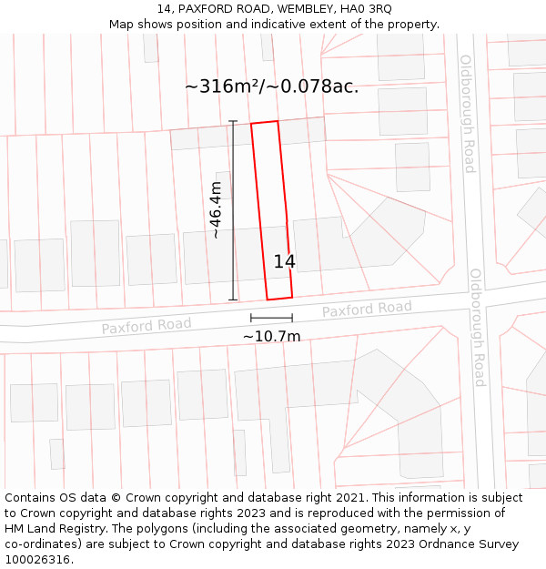 14, PAXFORD ROAD, WEMBLEY, HA0 3RQ: Plot and title map