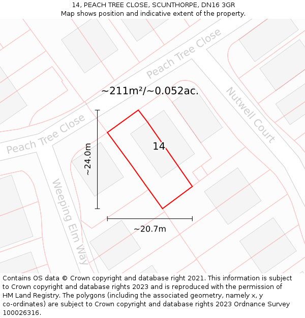14, PEACH TREE CLOSE, SCUNTHORPE, DN16 3GR: Plot and title map