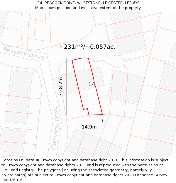 14, PEACOCK DRIVE, WHETSTONE, LEICESTER, LE8 6YF: Plot and title map
