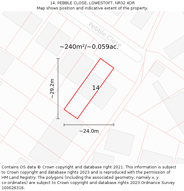 14, PEBBLE CLOSE, LOWESTOFT, NR32 4DR: Plot and title map