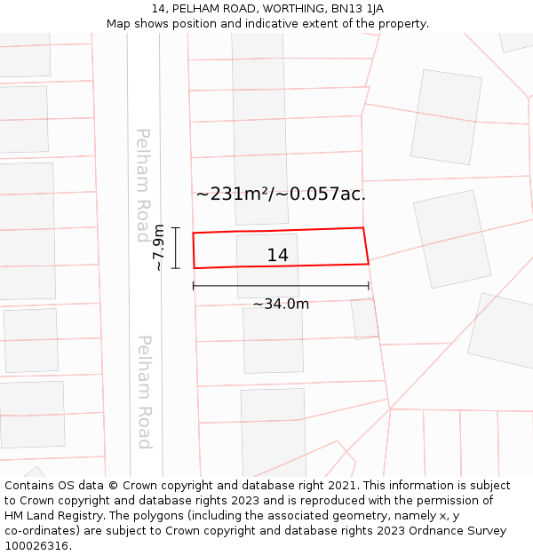 14, PELHAM ROAD, WORTHING, BN13 1JA: Plot and title map