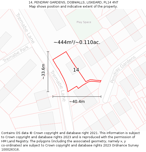 14, PENDRAY GARDENS, DOBWALLS, LISKEARD, PL14 4NT: Plot and title map