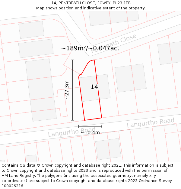 14, PENTREATH CLOSE, FOWEY, PL23 1ER: Plot and title map