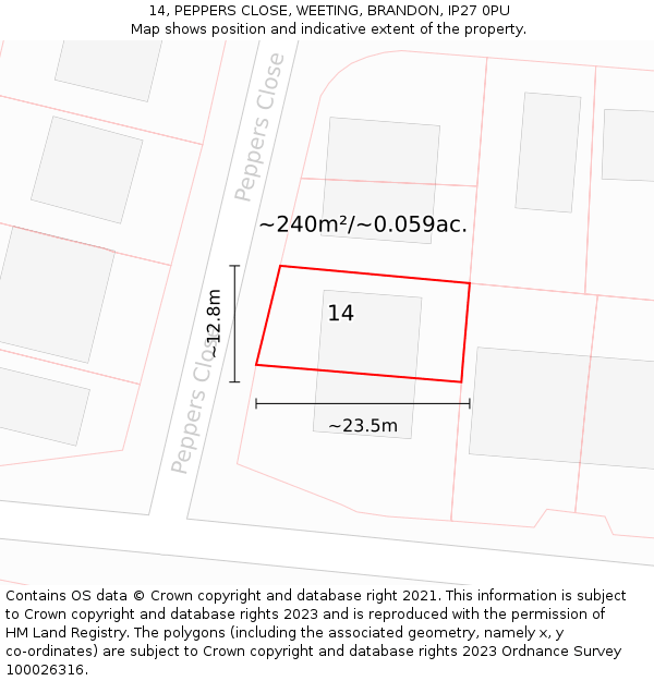 14, PEPPERS CLOSE, WEETING, BRANDON, IP27 0PU: Plot and title map