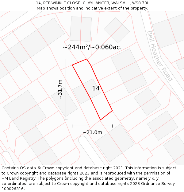 14, PERIWINKLE CLOSE, CLAYHANGER, WALSALL, WS8 7RL: Plot and title map