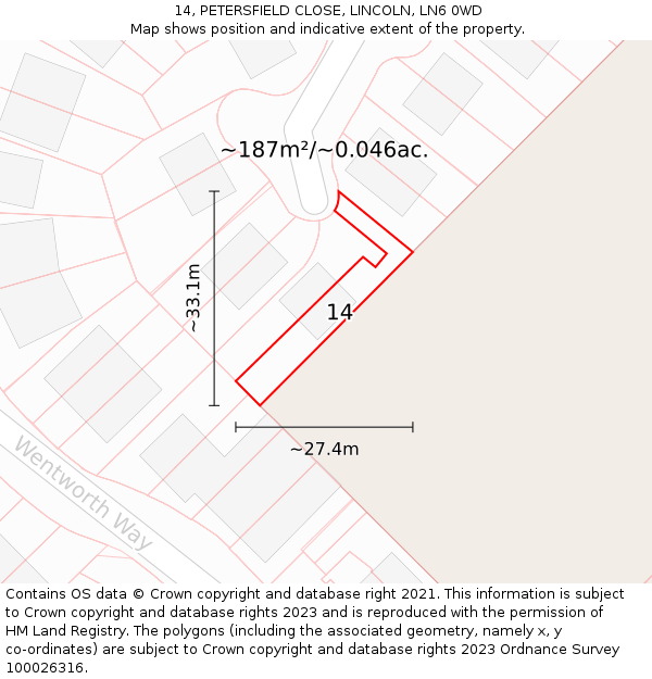 14, PETERSFIELD CLOSE, LINCOLN, LN6 0WD: Plot and title map