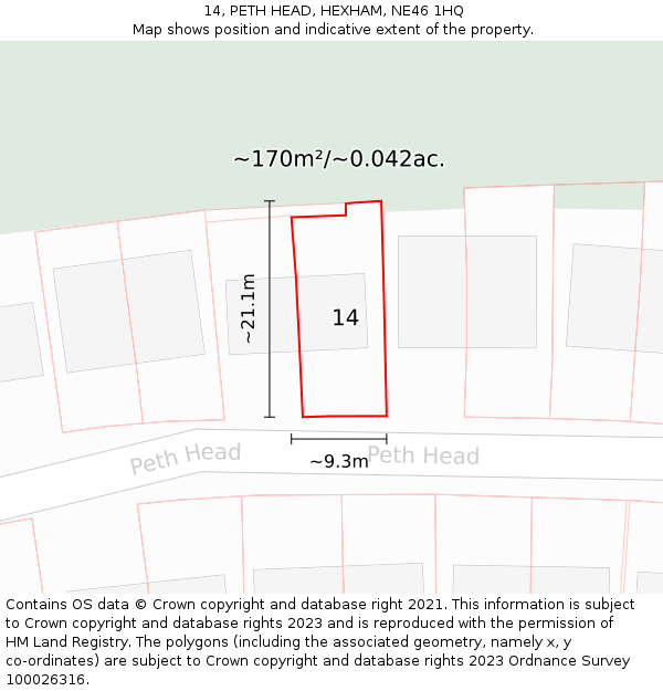 14, PETH HEAD, HEXHAM, NE46 1HQ: Plot and title map